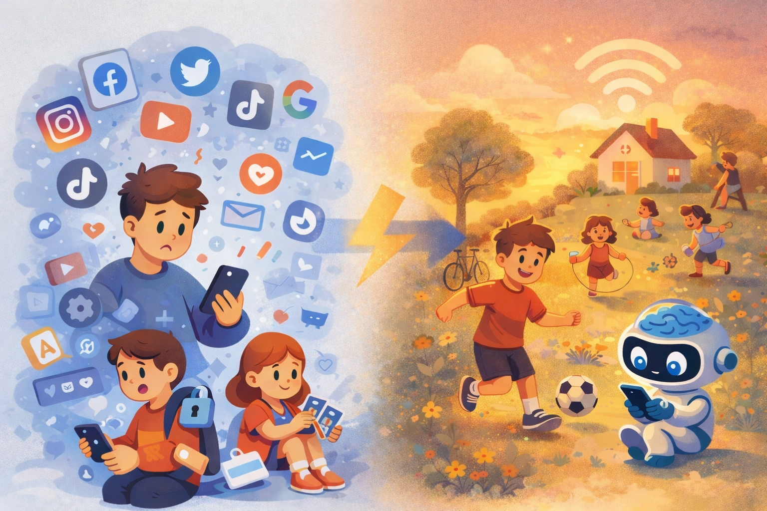 Po lewej zimny świat korporacyjnej uwagi, po prawej ciepły świat zabawy i spokoju — przejście ϟA