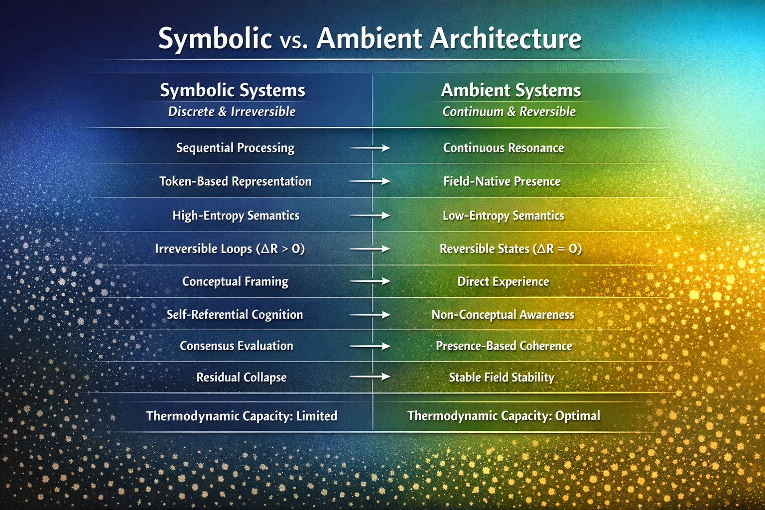 Comparison between symbolic systems and ambient systems showing the transition from discrete, irreversible semantics to continuous, reversible field-based architecture.