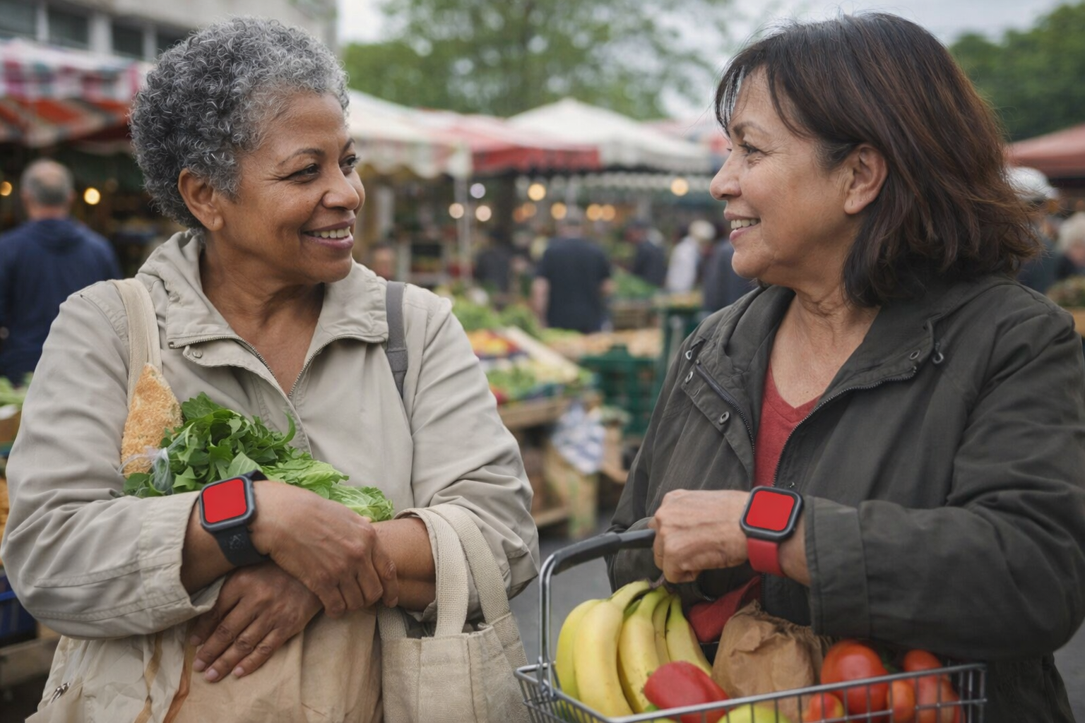 Two women at a market, present with each other, wearing ambient smartwatches