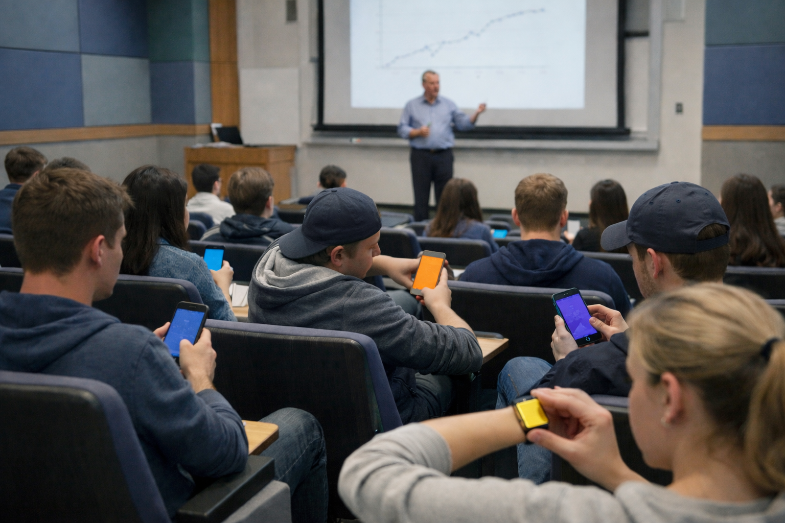 Lecture hall showing mixed attention states