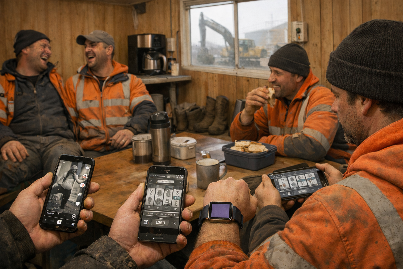 Construction workers in a break room showing mixed attention states